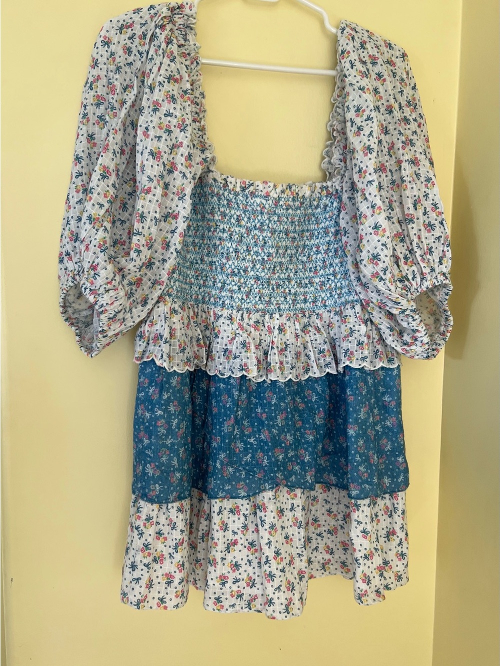 LoveShackFancy Blue Floral Smocked Square-Neck Tiered Mini Dress - Picture 5 of 6